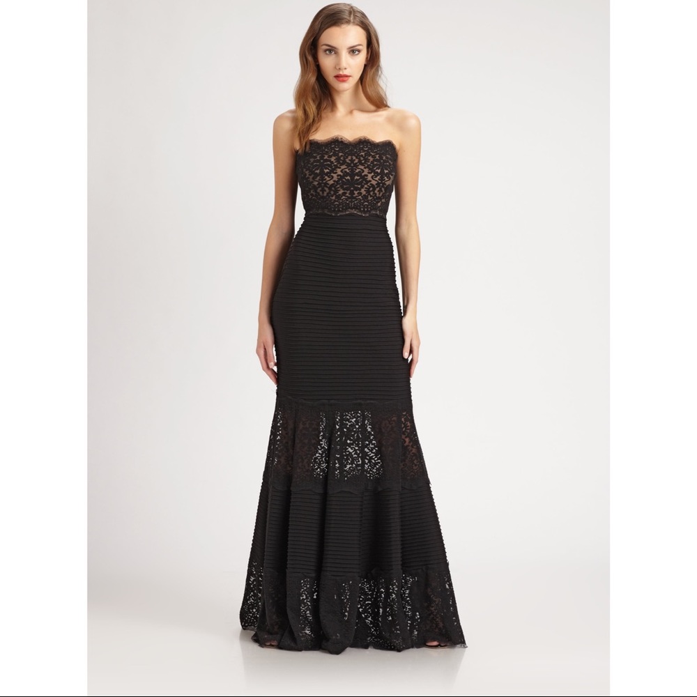Tadashi Shoji Black Strapless Ribbed Lace Dress